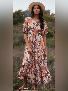 Saltwater Luxe Wynter Midi Dress Size S Boho Floral Puff Sleeve Open Back NWT